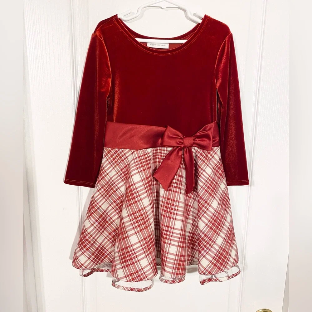 NEW Y2K Bonnie Jean Velvet & Metallic Plaid Fit & Flare Dress VTG Red White 6X